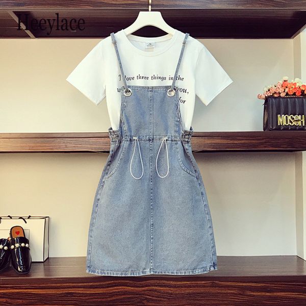 

plus size summer set women korean two piece set short sleeve and denim dress women streetwear overalls matching sets, White