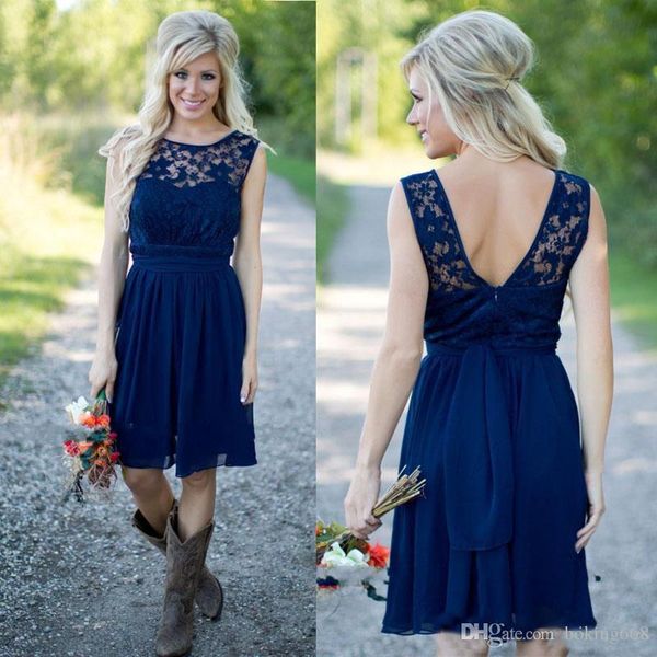 

2019 Newest Royal Blue Chiffon And Lace Short Western Bridesmaid Dresses Cheap Backless Knee Length Casual Maid Of Honor Dresses