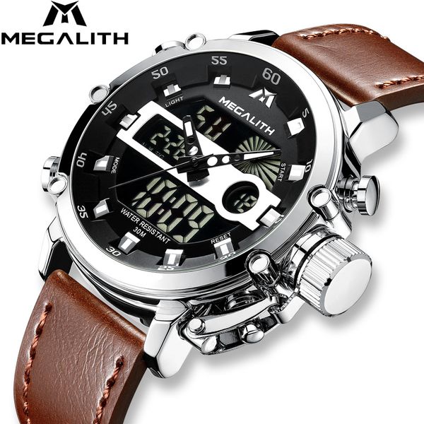 

megalith sport chronograph quartz watches men multifunction waterproof date luminous led wrist watch men clock relogio masculino, Slivery;brown