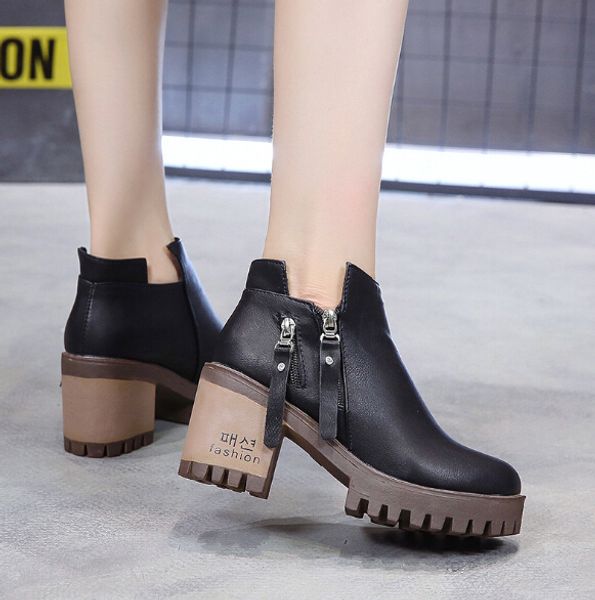 

rough fashion shoes women's leather shoes double solid color versatile high-heeled zipper autumn and winter short tube and bare boots s, Black