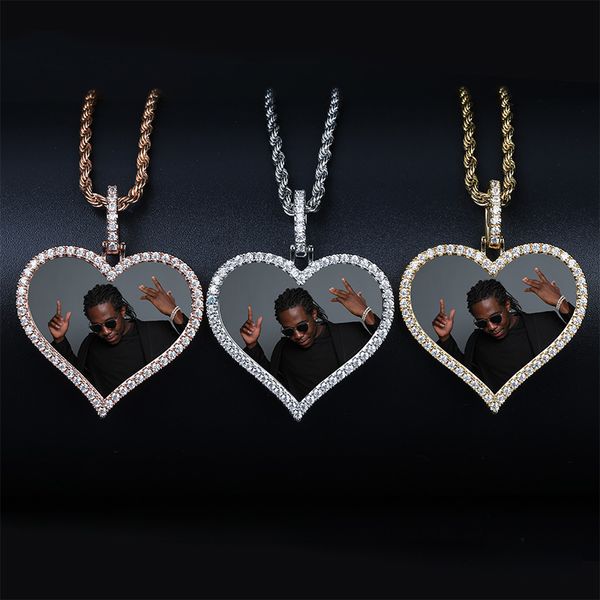 Placcato oro CZ Hotsale Unisex Uomo Donna Hip Hop Foto personalizzata Collane con ciondolo cuore per amici Famiglia Regalo caldo