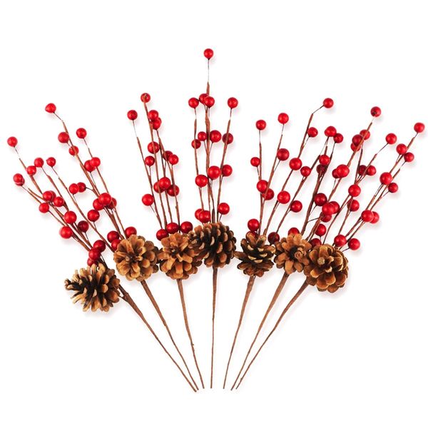 

12 pcs simulation berry branch red bubble berry and pine cone set christmas decoration flower arrangement -12 inch