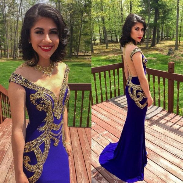 

2019 new royal blue gold beaded crystal prom dresses v-neck cap sleeves back mermaid beaded crystal fiesta evening dresses a44, Black