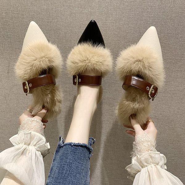 

fashion pointed leather women slippers winter faux fur slides ladies cute warm plush slip on casual heel shoes woman flip flops, Black