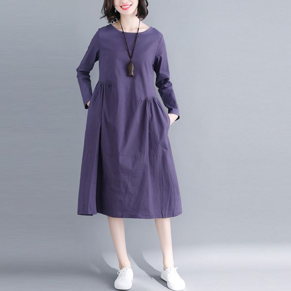 

2018 fashion summer dress female women plus size pocket long sleeves cotton and linen loose dress robe vestidos, Black;gray