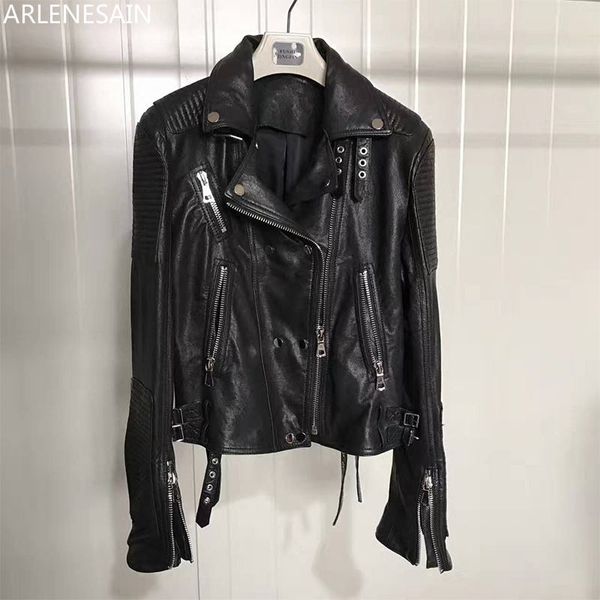 

arlenesain custom classic imported sheepskin washed leather leather women short motorcycle women jacket, Black
