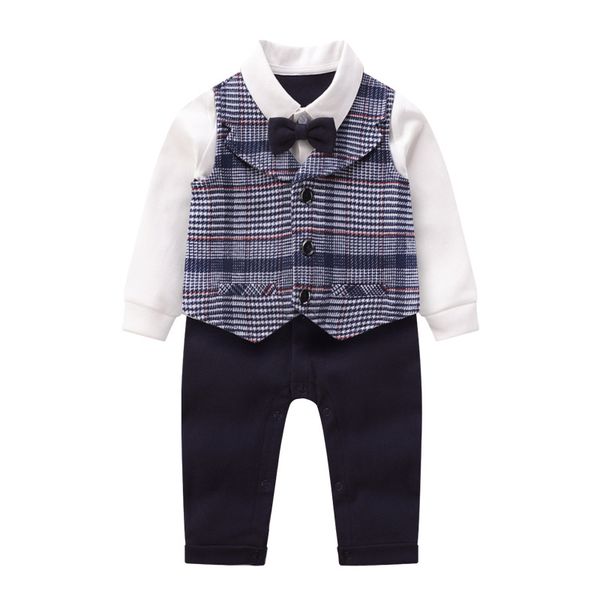 

autumn and winter baby clothes vest striped gentleman romper long-sleeve british-style baby climbing clothes, Blue