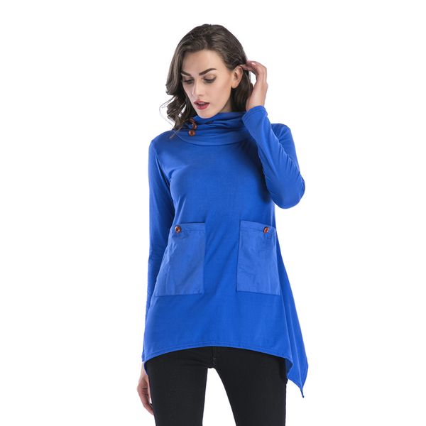 

T-Shirts Women 2019 Autumn Winter Casual Loose Solid Pullover Round Neck Full Bating Sleeve Pockets Tops Tees YY5621