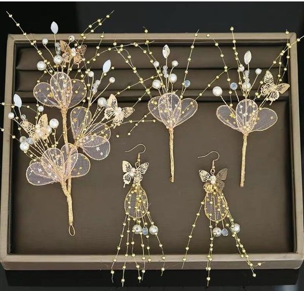 

bridal tiara female korean style gold side pearl headband wedding butterfly hair fork set, Silver