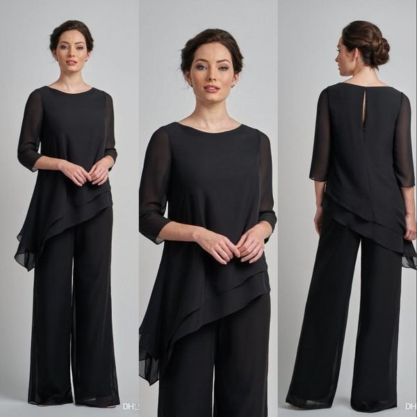 Günstige neue schwarze Hosenanzüge für die Brautmutter, zweiteilig, Übergröße, Chiffon, mit Juwelenausschnitt, langen Ärmeln, Übergröße, Hochzeitsgastkleid, Mutterkleid