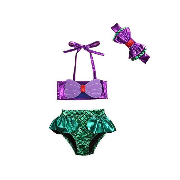 

3 piece/set girls mermaid bikini swimwear butterfly hairband fish scale sequins swimsuit, White