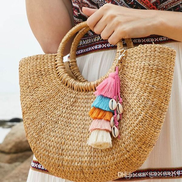 

handmade shell bag pendant accessories women bohemian multicolor cotton tassel key chain jewelry charm keychain, Slivery;golden