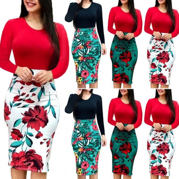 

Plus Size Ladies Long Sleeve Floral Bohemian Women's Party Bodycon Maxi Dress Clothing