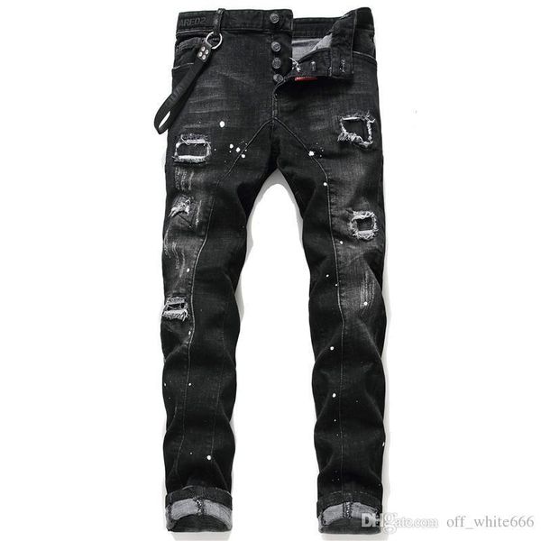 

new men's designer slim jeans middle waist straight micro elastic deep black handmade autumn and winter new trousers, Blue