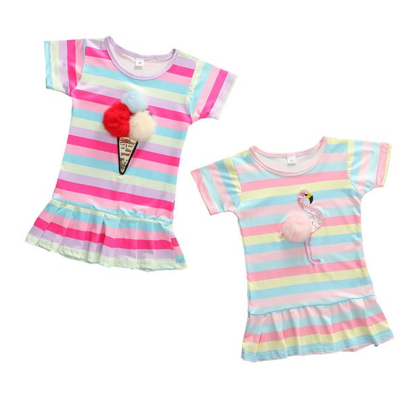 

baby girls dress colorful striped printing ball ice cream flamingo pattern short sleeve loose summer children girls clothing, Red;yellow