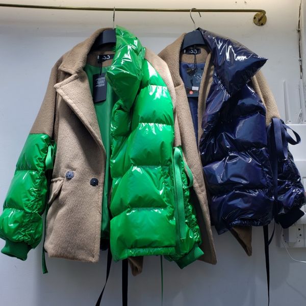 

поддельные две пьесы streetwear вниз утолщенные зимняя шерсть срощенной пуховые пальто женщины плюс размер женщины пальто женщины parka, Black