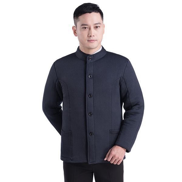 

casual men's parka autumn winter sports outdoor camel hair thick warm blouse button coat solid stand collar jacket dad outwear, Black