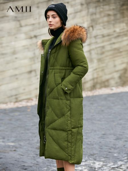

amii minimalist women plus size hooded long down jacket winter 2018 fashion solid raccoon collar pockets warm puffer jacket, Black