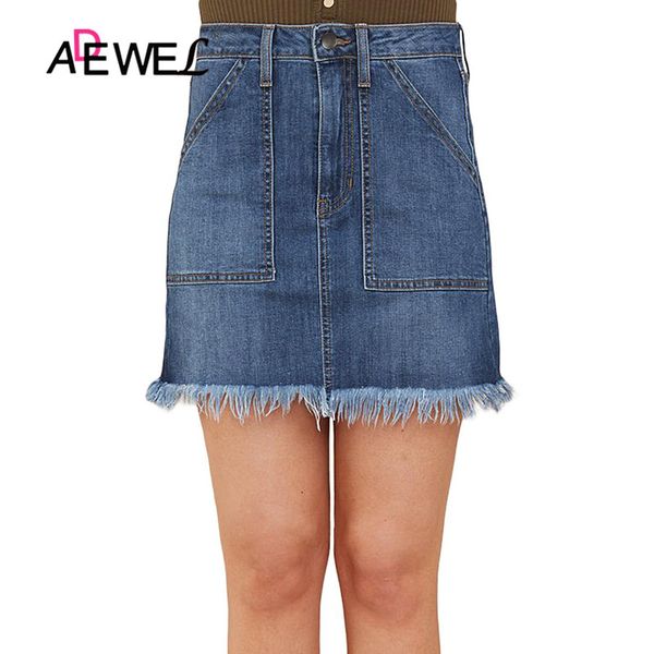 

adewel blue distressed hem denim skirt women high waist distressed denim mini skirts frayed raw hem jean skirts, Black