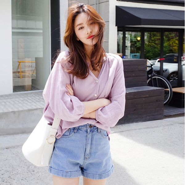 

summer cotton and linen women shirts lantern sleeve women blouse female shirts v-neck women blusas mujer de moda, White