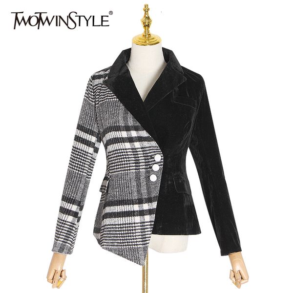 

twotwinstyle велюр лоскутное бархатное клетчатое пальто блейзер женский с длинным рукавом асимметричные осенние женские костюмы 2020 модная, White;black