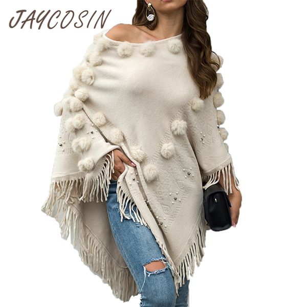 

jaycosin clothes women sweaters and pullovers tassel hairball shawl cloak ladies sweaters knitted winter warm long loose sweater, White;black