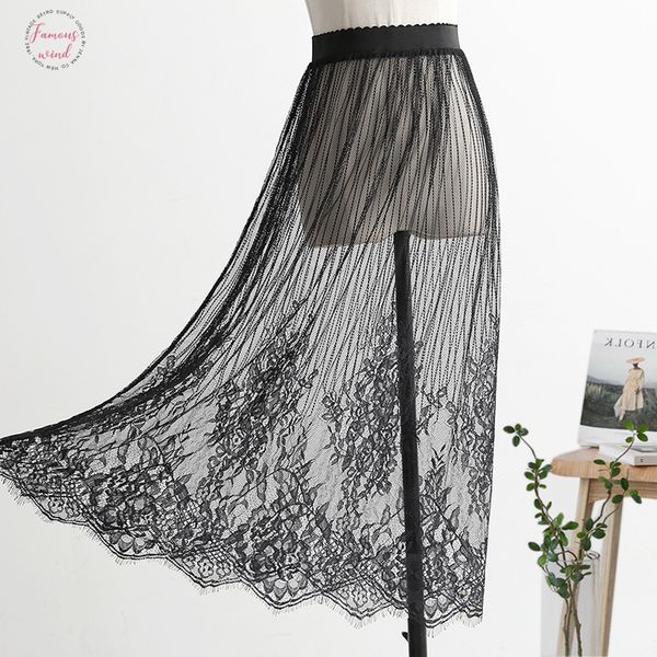 

autumn women striped lace mesh midi skirt ladies casual hollow out high waist transparent see through overskirt skirts, Black