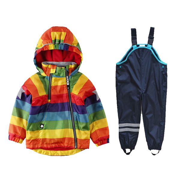 

2019 children's clothing new boys and girls rainbow striped hooded jacket jacket bib windproof rain suit, White