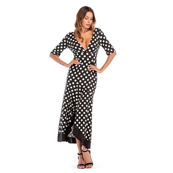 

womens designer wave point dress spring summer fashion v neck half sleeve famale clothing slim was thin dress, Black;gray