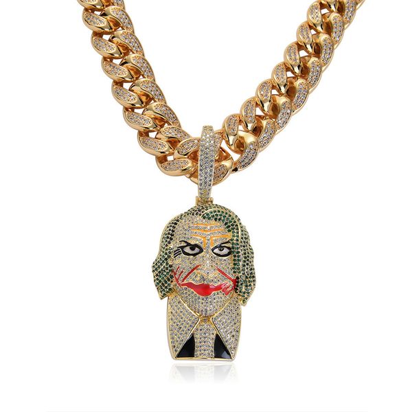 18K Gold Clown Joker Anhänger Halskette Iced Out Micro Paved KubikZircon Männer Bling Hip Hop Schmuck