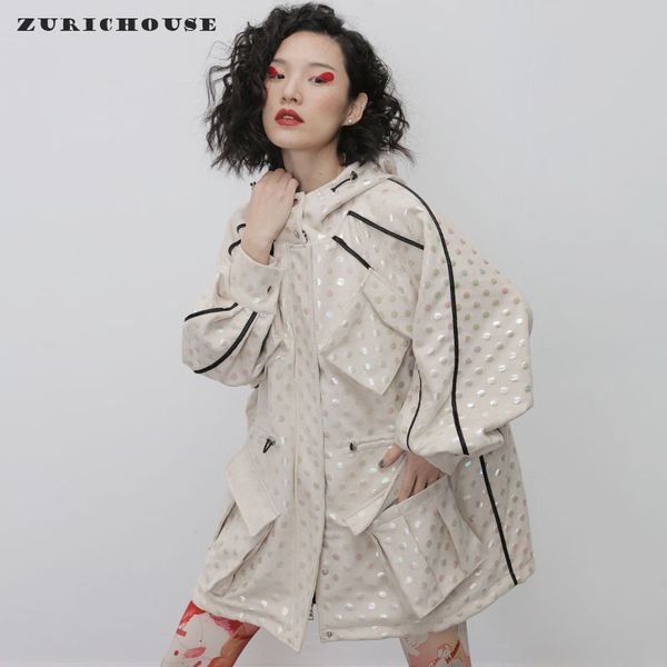

women's trench coats zurichouse drawstring coat woman long fashion multicolor polka dot back hollow out design spring hooded windbreake, Tan;black