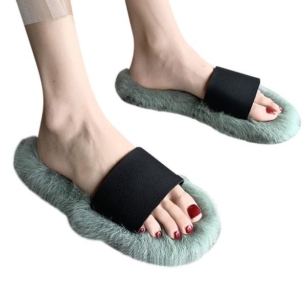 

flat fluffy comfy furry flip flops comfortable hairy slipper chaussures femme women fur slippers around the shoes drop, Black