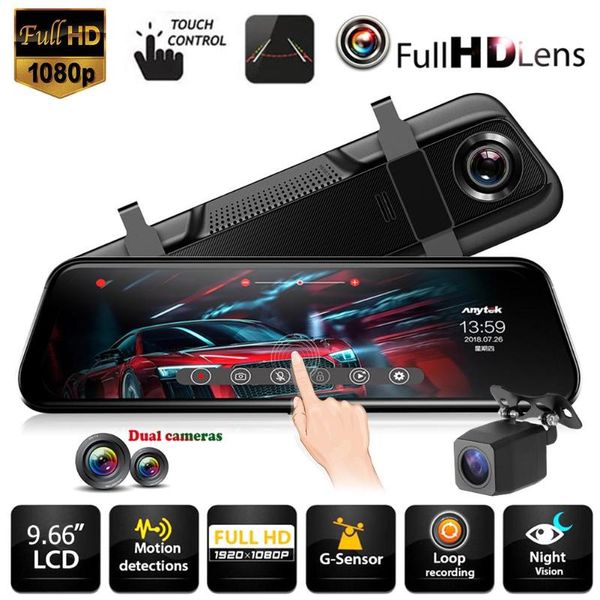 

anytek t12+ 9.66" touch screen car dvr camera fhd 1080p rear view mirror dash cam dual lens video recorder night vision dashcam