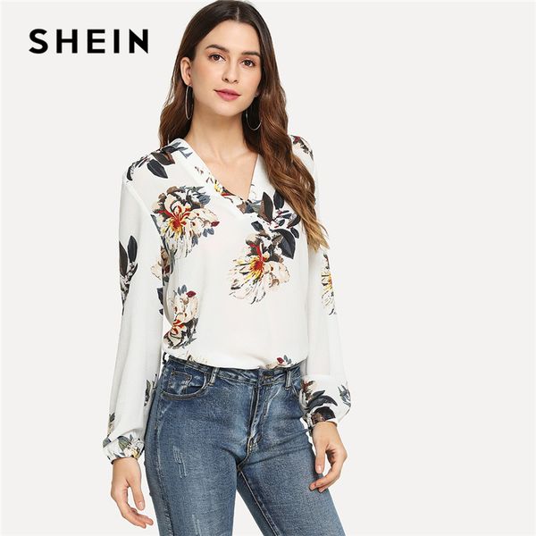

shein white elegant office lady floral print v neck long sleeve pullovers blouse autumn workwear women and blouses