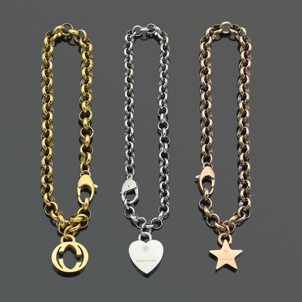 

Europe America Fashion Style Men Lady Women Titanium steel 18K Gold Thick Chain Bracelet With G Initials Heart Pentagram Charm, Golden;silver