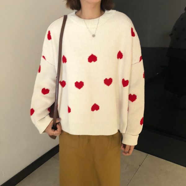 

сердце fnfssom 2020 новая весна осень женские печати вязание свитер женский o шеи длинным рукавом повседневная свитер ледис тонкий tops, White;black