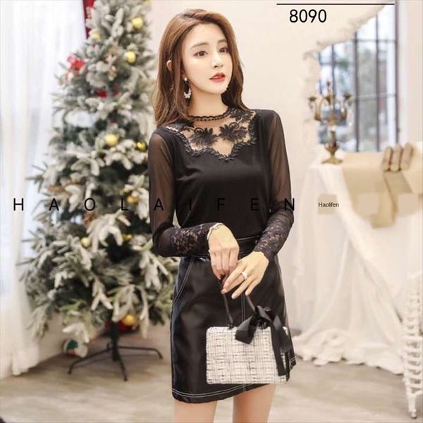 

осень стенд воротник кружева базовый вязаный топ тонкий шнурок база рубашки топы с длинным рукавом футболки женский, White