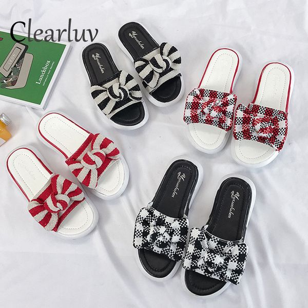 

summer brand new flat bottom striped bow slippers thick bottom non-slip wear home wild beach sandals large size 35-40 c1282, Black