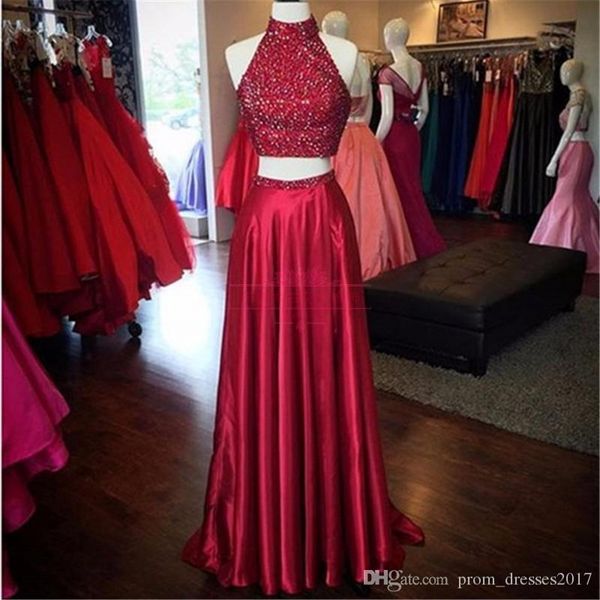 

shinning two pieces prom dresses high neck crystal beading dark red hollow back side split evening gowns long formal cocktail dresses, Black