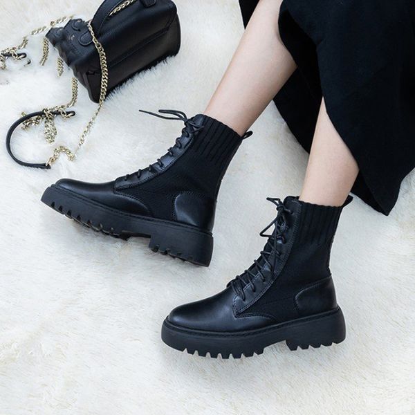 

autumn winter platform socks casual leather shoes women boots female booties woman footwear, Black