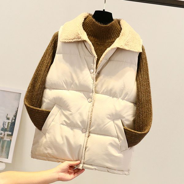 

women vest 2019 fall winter soft lamb fur collar solid color waistcoat korean buttons leisure female students cotton vest jacket, Black;white