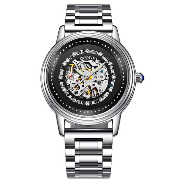 carotif 2019 new fully automatic mechanical watch hollow men's watch black men's waterproof night light, Slivery;brown