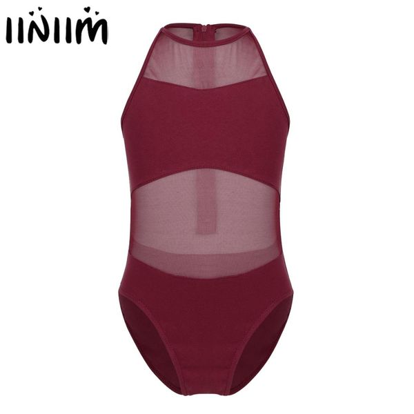 

kids girls fashion ballet dance leotard jumpsuit sleeveless round neck mesh splice back zipper closure solid gymnastics costume, Black;red