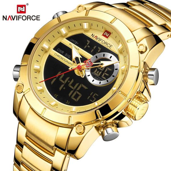 

naviforce men sport wrist watch gold quartz steel waterproof dual display male clock watches relogio masculino 9163, Slivery;brown