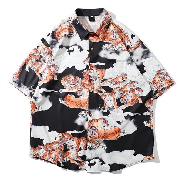 

2020 summer man shirt men ethnic printed stand collar cotton linen stripe short sleeve loose holiday henley shirt floral, White;black