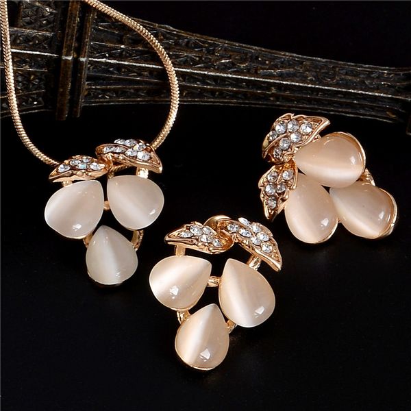 

zoshi golden plated jewelry sets for women luxury wedding bridal rhinestone gem jewelry set opal cat's eye necklace earrings set, Silver