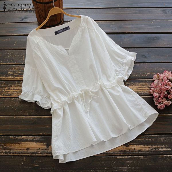 

5xl zanzea v neck short sleeve blouse summer solid patchwork ruflled shirts women elegant work cotton tunic blusas female, White