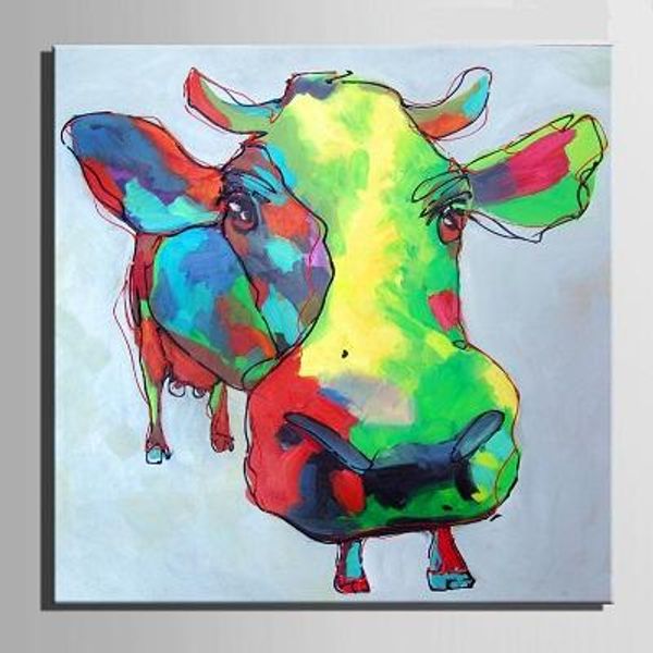 

A1x1 Color Cow Cartoon Animals High Quality Hand Painted /HD Print Modern Abstract Wall Decor Pop Art Oil Painting On Canvas.Mulit sizes C42