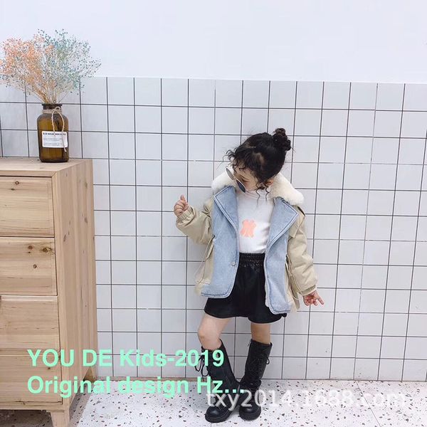 

2019 новых дети зимней одежды одежды для девочек зима нового денима и lambskin съемного длинного рукава пальто, Blue;gray