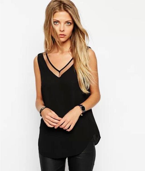 

women blouse shirt 2019 summer new pure-color v-neck net stitching vest female chiffon shirt, White